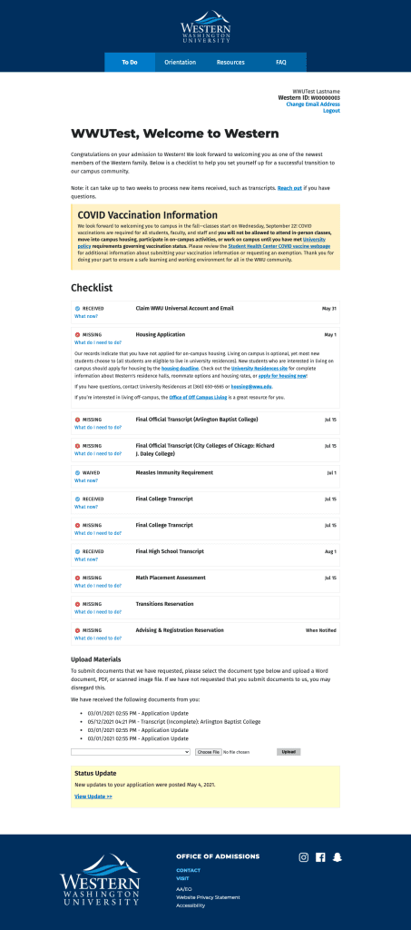 Admitted student portal with checklist